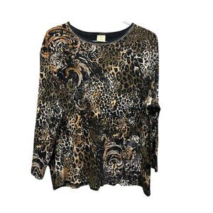 Jess & Jane Leopard Baroque Sequin Pullover Top Cotton 1X